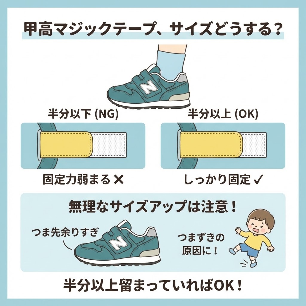 甲が高すぎてマジックテープがギリギリでも、マジックテープが半分以上噛み合っていればOK。無理なサイズアップはNGです。 