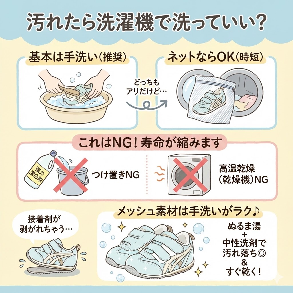 アシックスキッズシューズは手洗いが推奨