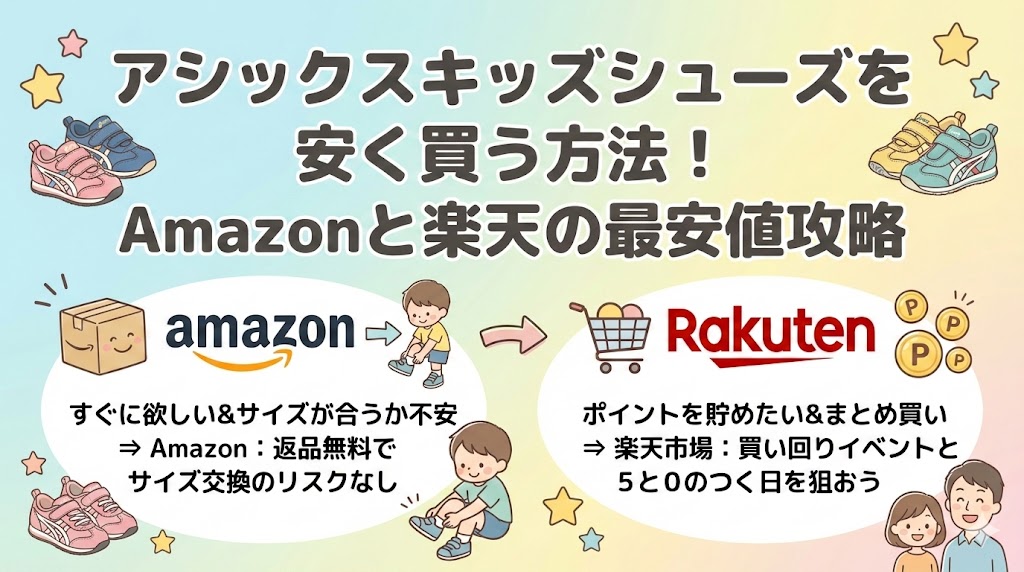 アシックスキッズシューズを安く買う方法！Amazonと楽天の最安値攻略