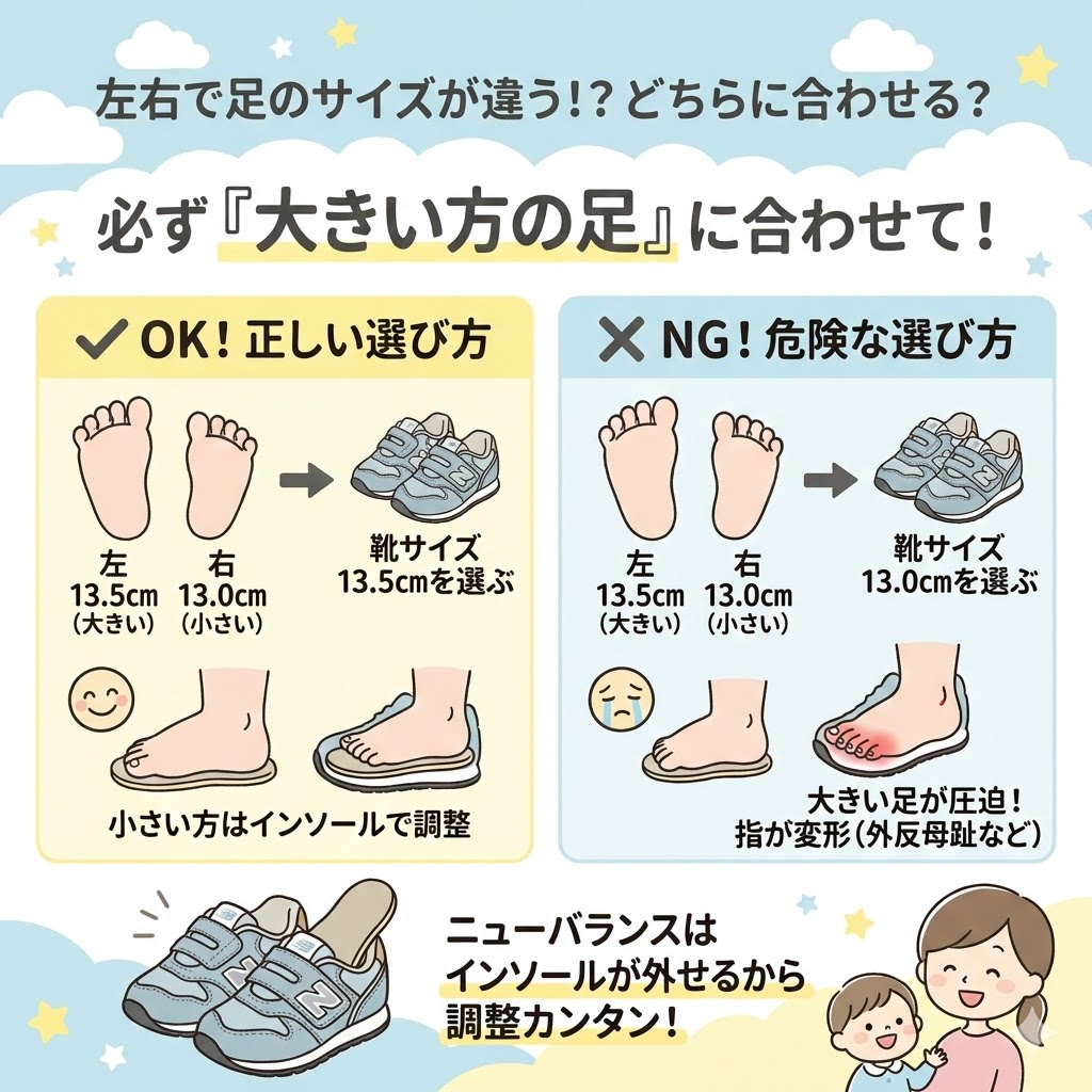 左右で足のサイズが違う場合は大きいほうの足に合わせてください