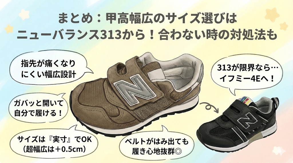 まとめ：甲高幅広のサイズ選びはニューバランス313から！合わない時の対処法も