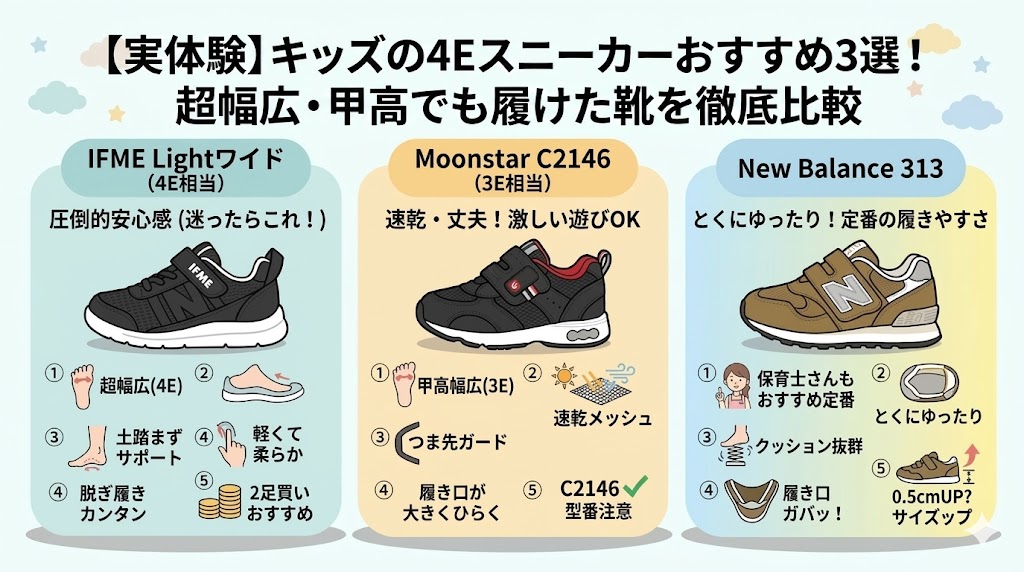 【実体験】キッズの4Eスニーカーおすすめ3選！超幅広・甲高でも履けた靴を徹底比較